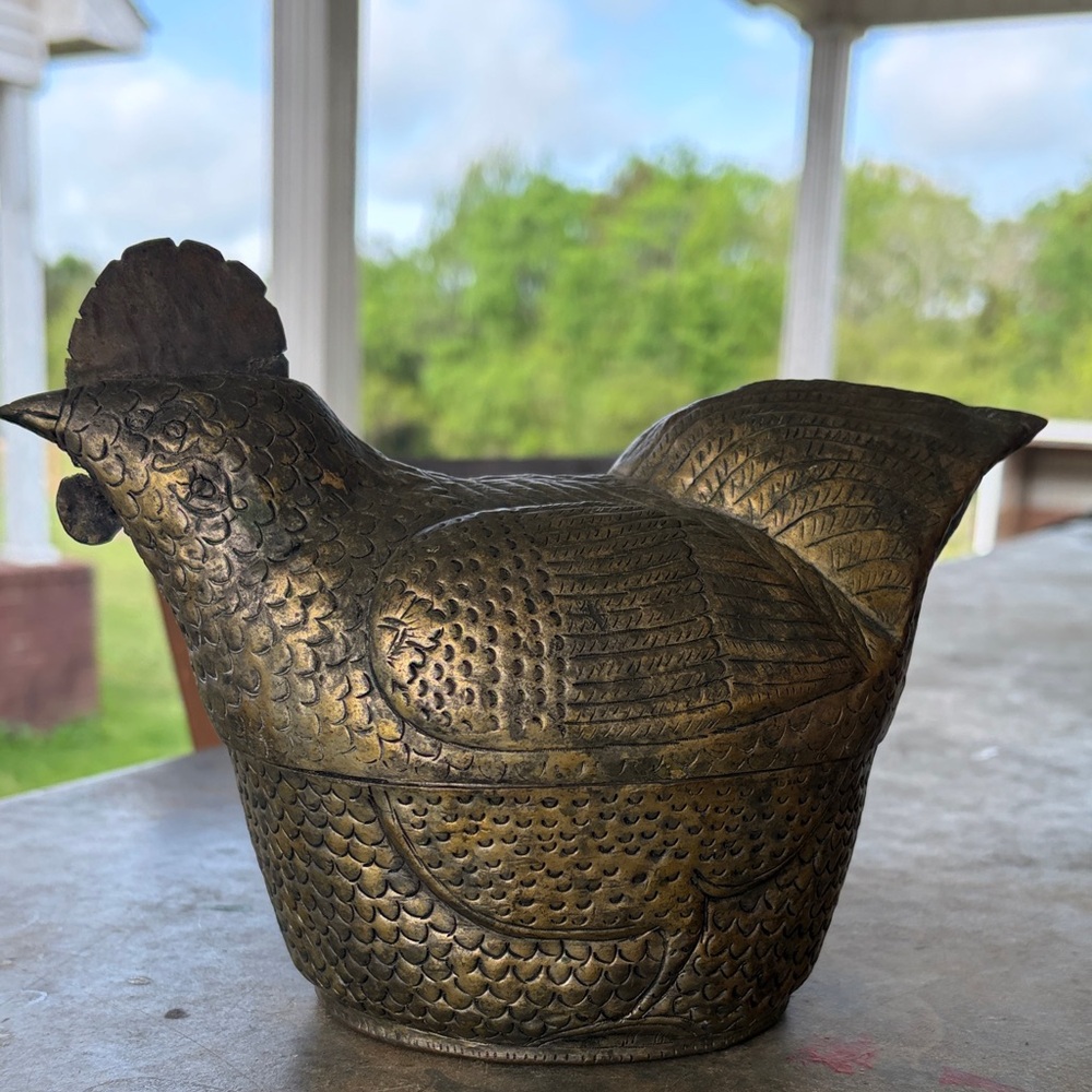 Old Cambodian Repousse Metal Bird Hen Rooster Betel Box with ornate detailing